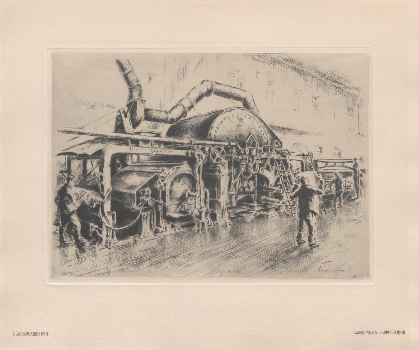 Zu sehen ist eine schwarz-weiße Illustration, die einen Industriearbeiter bei der Arbeit zeigt.