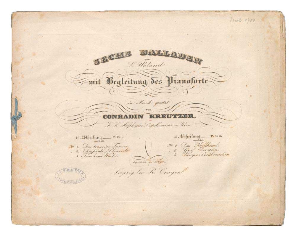 Zu sehen ist die Titelseite des Werkes „Sechs Balladen“ von L. Uhland.