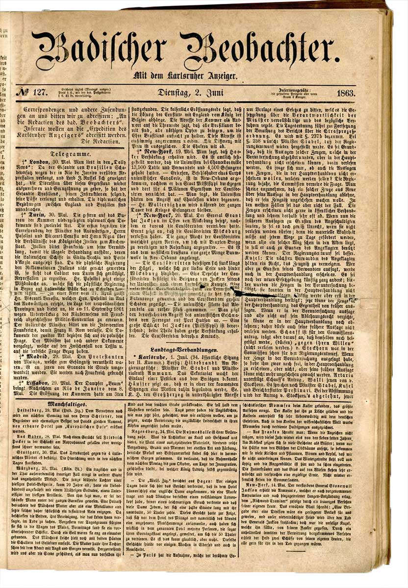 Zu sehen ist die Titelseite des Badischen Beobachters von 1863.