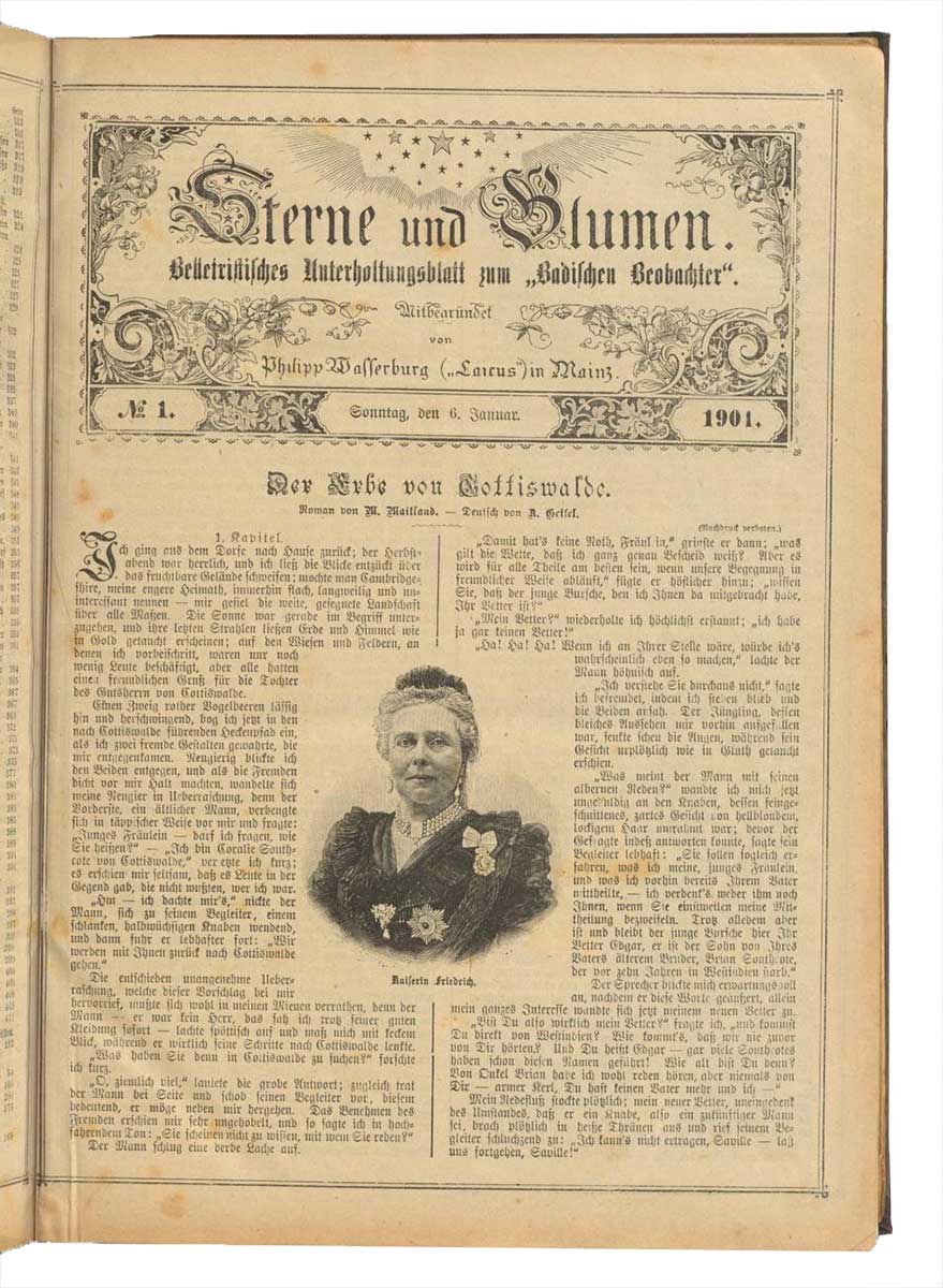 Zu sehen ist die Titelseite vom Unterhaltungsblatt zum Badischen Beobachter, Sterne und Blumen. Auf dem Titelblatt ist ein Bild der Kaiserin Friedrich abgebildet.