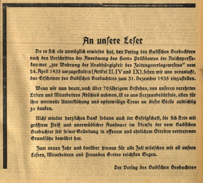 Zu sehen ist die schriftliche Meldung zur Einstellung aus einem Zeitungsartikel.