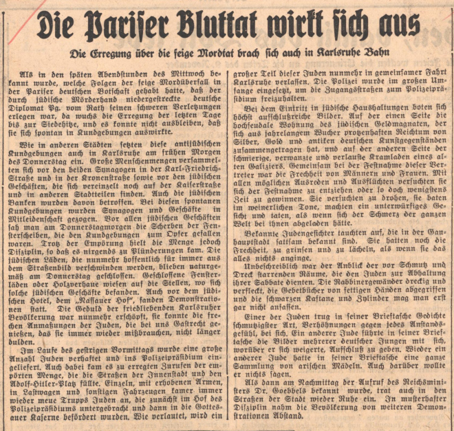 Zeitungsartikel mit der Überschrift „Die Pariser Bluttat wirkt sich aus“