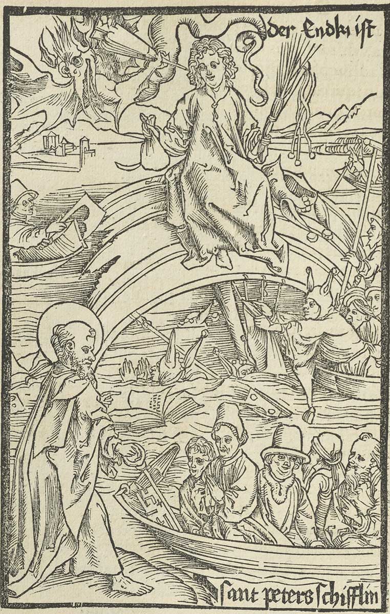 Zu sehen ist eine Darstellung des Antichristen. Das Narrenschiff steuert auf ihn zu, während er auf einem Schiffswrack thront und von einem Dämon mit Blasebalg böse Lehren empfängt. Neben ihm liegt eine Narrenkappe. Einige Narren treiben bereits im Wasser, während unten links der heilige Petrus mit dem Himmelsschlüssel das Boot der Gläubigen sicher an Land zieht.