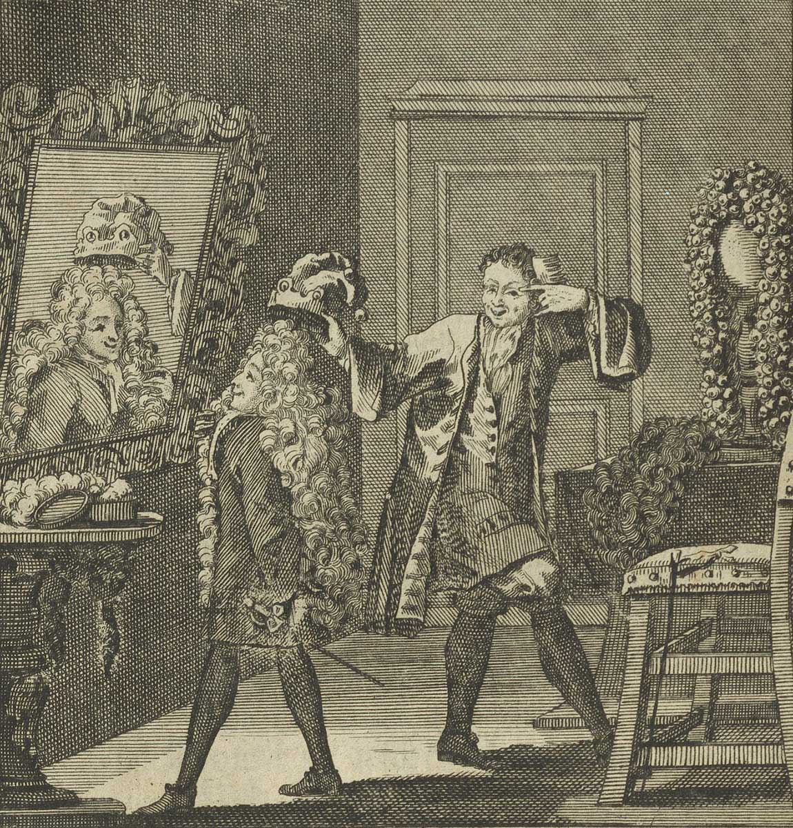 Der Perückennarr: Dargestellt sind zwei Herren, hiervon ha einer eine lange, voluminöse Perücke an. Der zweite Mann hält ihm grinsend einen Narrenhut über den Kopf.