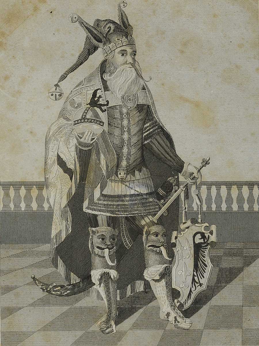 Karikatur „Simpel Augustus“: Ein bärtiger Mann trägt eine lächerliche Rüstung mit kaputten Schuhen, durch die die Zehen sichtbar sind. Als Knieschoner dienen groteske Kreaturen, die die Zunge herausstrecken. Auf dem Kopf trägt er einen Narrenhut.