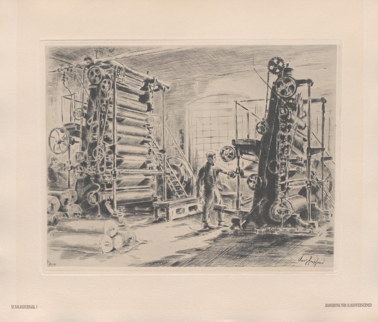 Zu sehen ist eine schwarz-weiße Illustration, die einen Industriearbeiter bei der Arbeit zeigt.