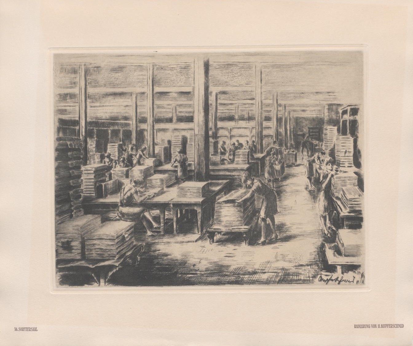 Zu sehen ist eine schwarz-weiße Illustration, die weibliche Arbeiterinnen bei der Arbeit zeigt.