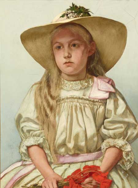 Porträtmalerei der jungen Ella Thoma. Sie trägt ein sommerliches Kleid, sowie einen großen Sonnenhut und hält einen Strauch roter Blumen in den Händen.