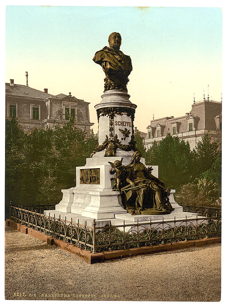 Aufnahme des Scheffel-Denkmals am Scheffelplatz in Karlsruhe um 1900.