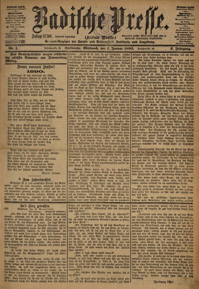 Zu erkennen ist ein Scan der Titelseite der Badischen Presse vom 1. Januar 1890.