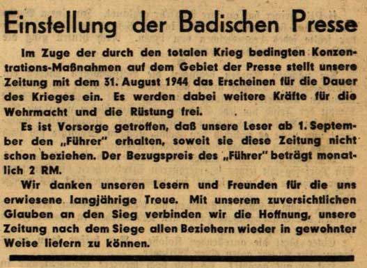 Das Bild zeigt einen Scan aus einer Zeitung, hierbei handelt es sich um die Mitteilung zur Einstellung der Badischen Presse.