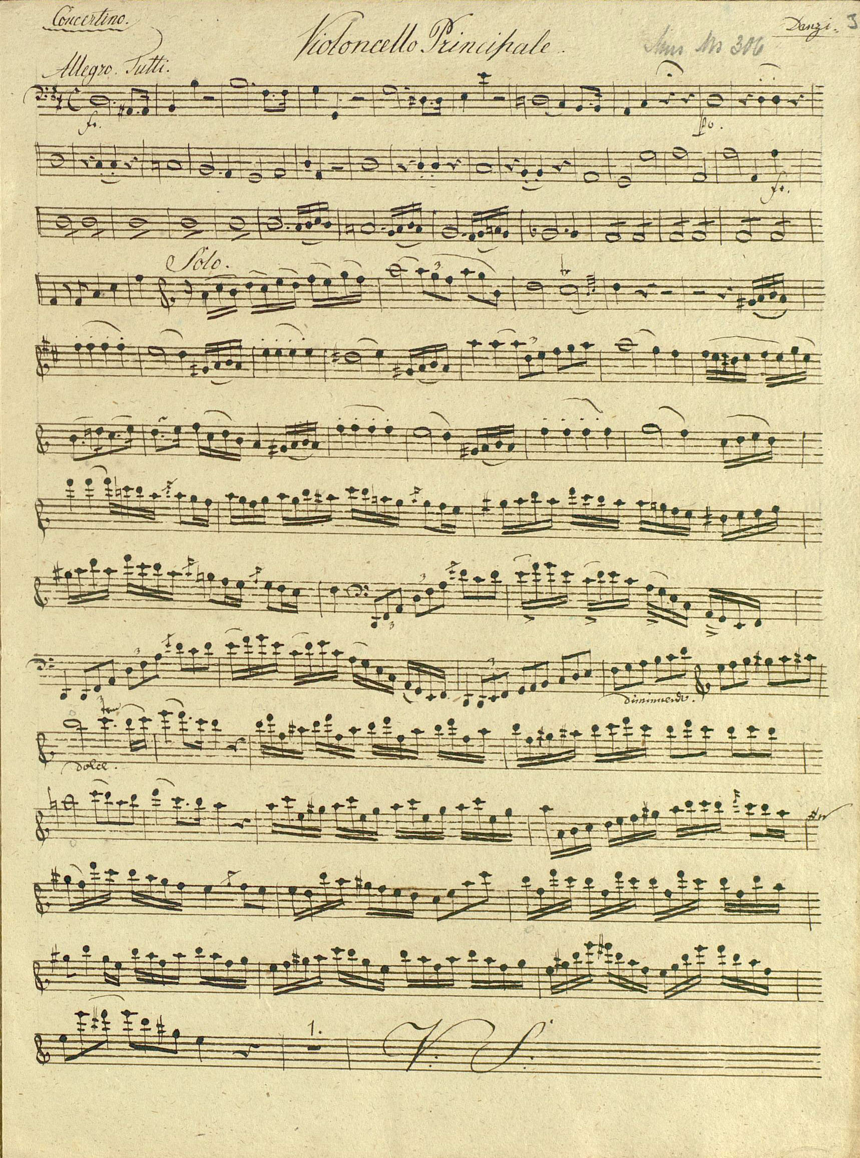 Zu sehen ist das Notenblatt „Violoncello Principale“ für das Werk Concertino für Violoncello und Orchester D-Dur, op. 46.