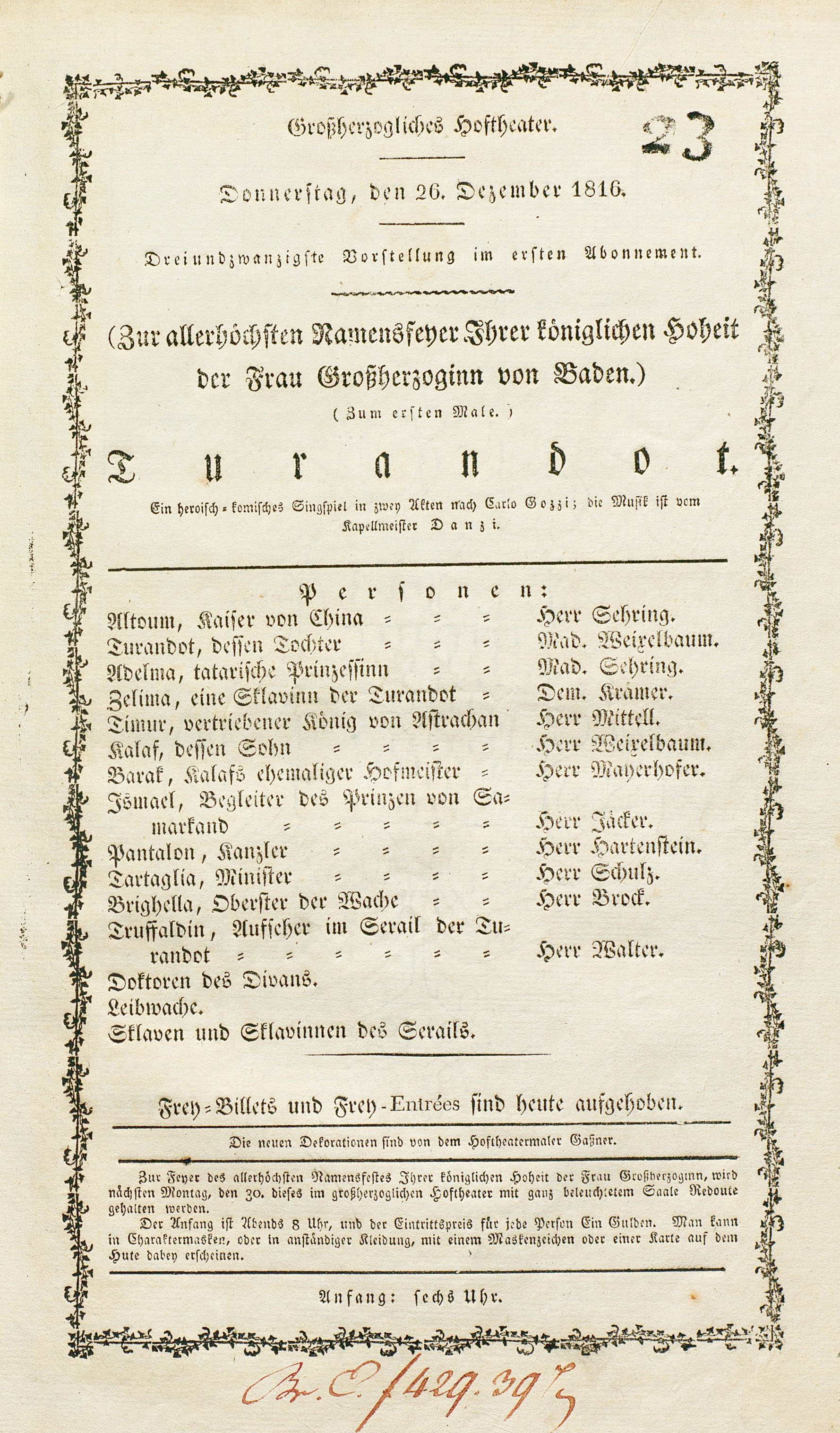 Abgebildet ist ein Theaterzettel des Karlsruher Hoftheaters zur Uraufführung von Danzis Singspiel Turandot am 26. Dezember 1816.