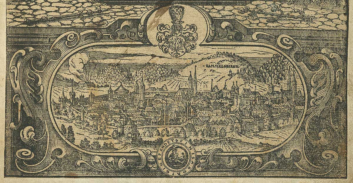 Ausschnitt der aufwendig illustrierten Titelseite. Zu sehen ist der untere Abschnitt mit der Darstellung der Stadt Glosar.