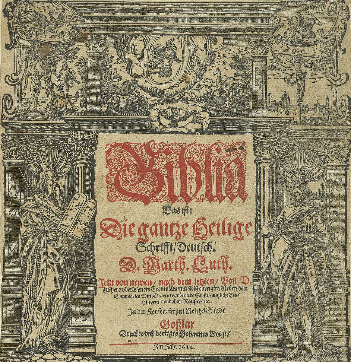 Ausschnitt der aufwendig illustrierten Titelseite. Der Titel „Biblia“ ist reich verziert und in roter Tinte geschrieben.