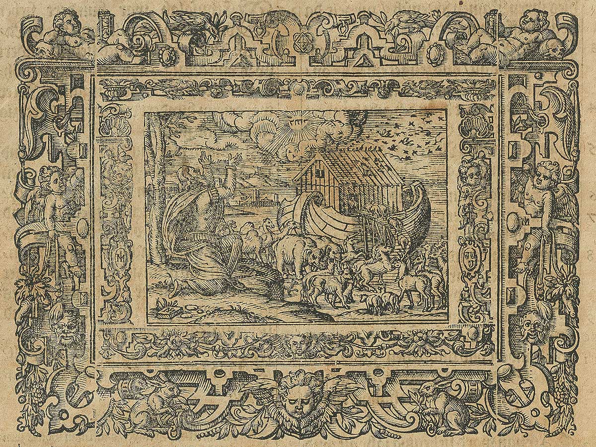 Zu sehen ist ein kunstvoller Holzschnittdruck. Abgebildet sind Noah und die Arche, auf die gerade eine Vielzahl von Tieren steigt.