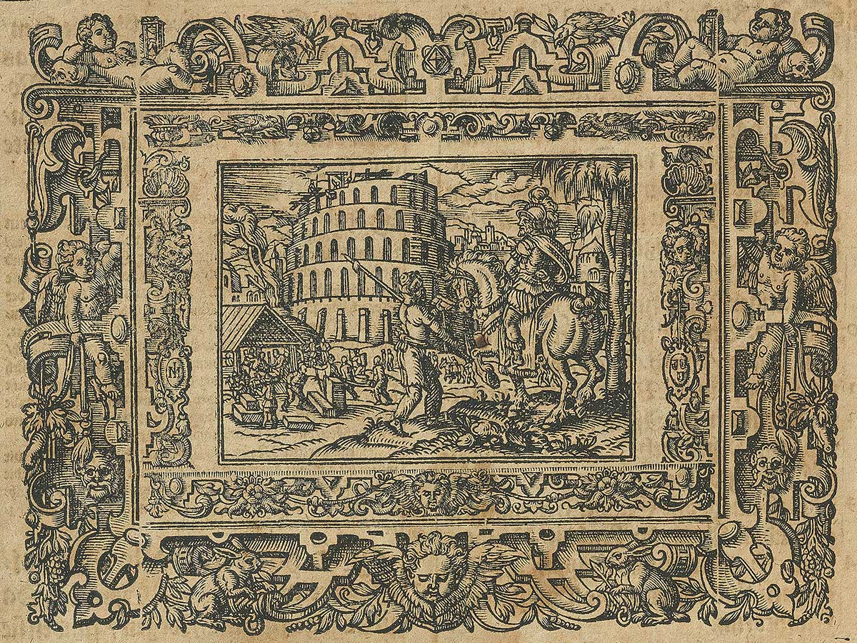Zu sehen ist ein kunstvoller Holzschnittdruck. Abgebildet ist der Turmbau zu Babel.