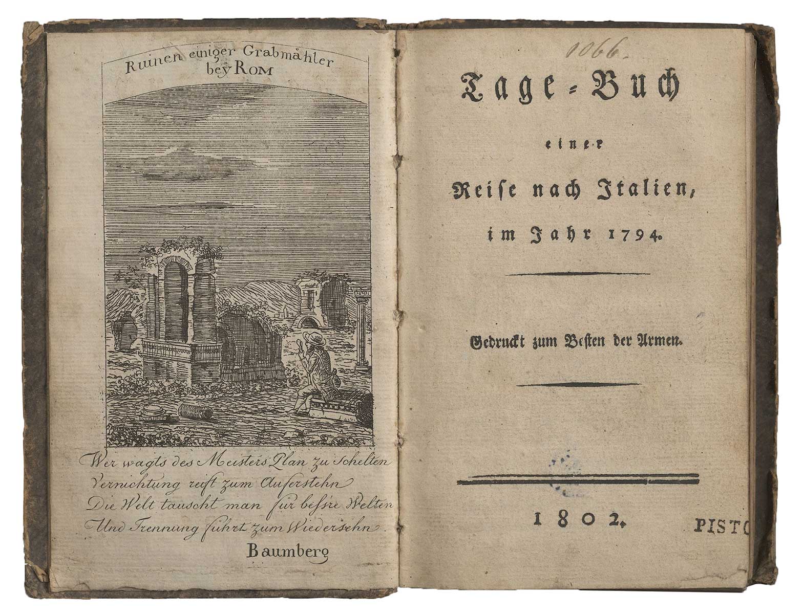 Zu sehen ist ein geöffnetes Buch, links ist eine Skizze einer Ruine bei Rom zu sehen, sowie ein Zitat von Baumberg, auf der rechten Seite befindet sich die Titelseite des Buches.