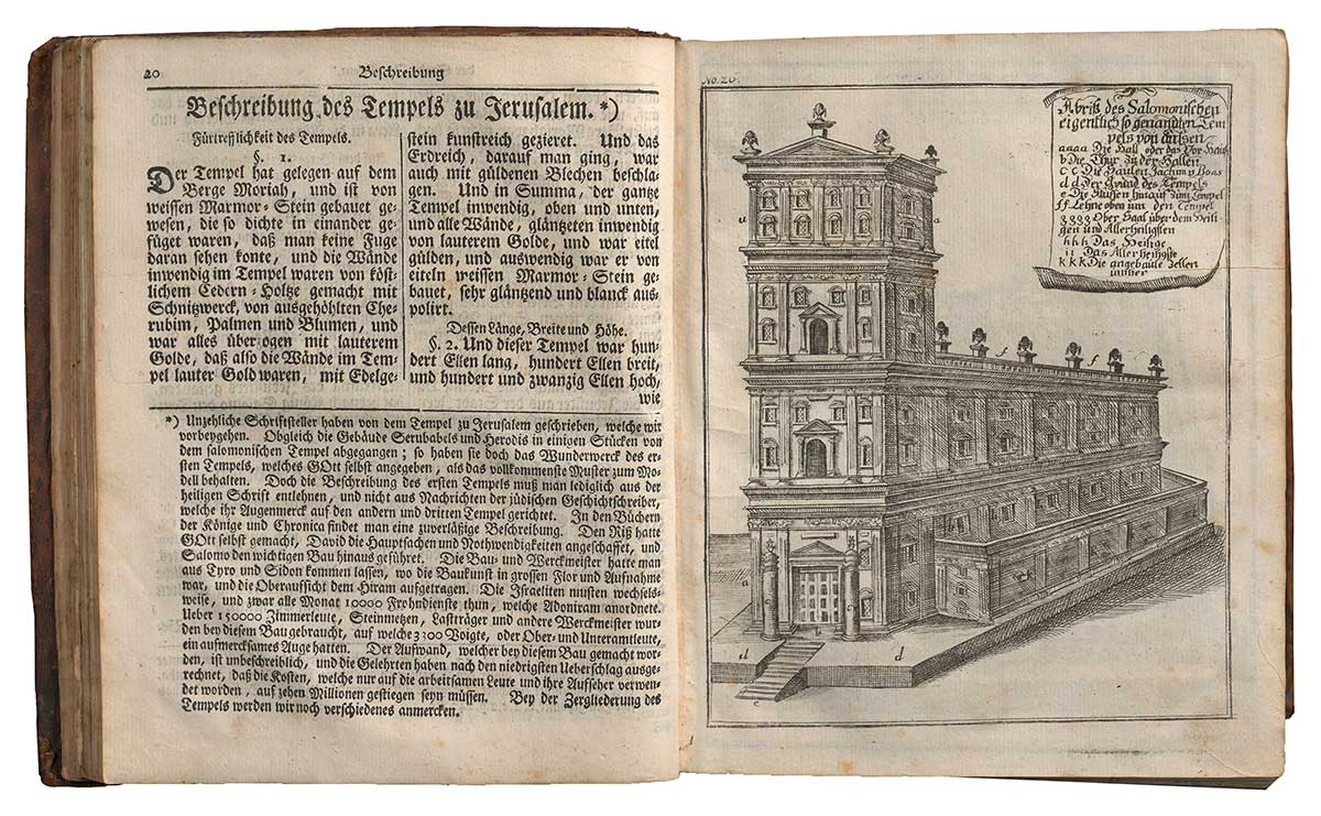 Zu sehen ist ein geöffnetes Buch, dass den Tempel zu Jerusalem beschreibt. Rechts befindet sich ein Stich des besagten Baus.