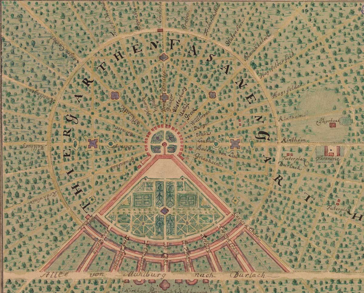 Historische farbige Landkarte mit einem halbkreisförmigen Stadtplan, der von radialen Straßen und grünen Flächen umgeben ist.