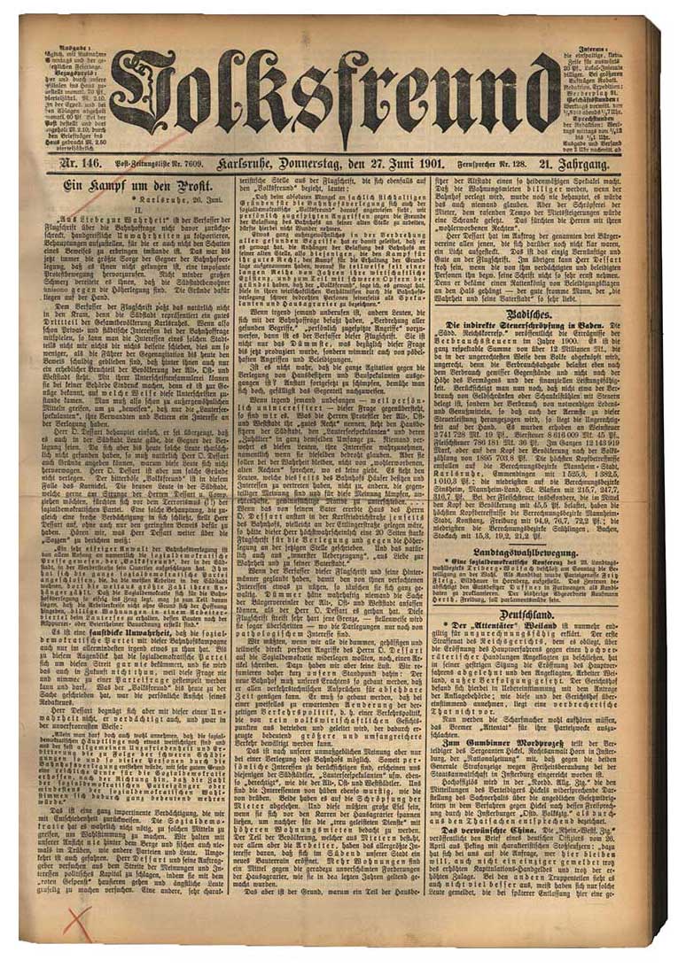 Schwarz-weiße Titelseite der Zeitung 'Volksfreund' vom 27. Juni 1901 mit mehreren Textspalten und dem Titel in großer Frakturschrift.