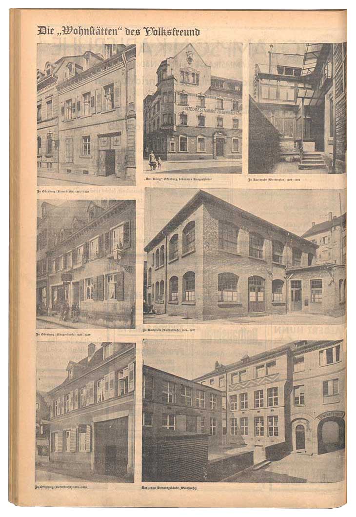 Seite mit sieben historischen Schwarz-weiß-Fotografien von Gebäuden und Innenhöfen, Überschrift 'Die „Wohnstätten“ des Volksfreund'.