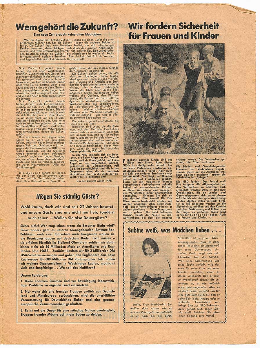 Zeitungsseite mit Artikeln und Kommentaren zu Zukunft, Sicherheit für Frauen und Kinder sowie zur NPD.