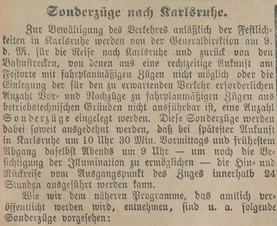 Zeitungsartikel mit Überschrift 'Sonderzüge nach Karlsruhe' und Fließtext zu Sonderzügen anlässlich von Festlichkeiten in Karlsruhe.
