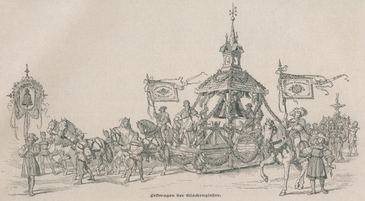 Schwarz-weiße Linienzeichnung eines historischen Festumzugs mit einem geschmückten Wagen, Reitern und Fußgruppen.