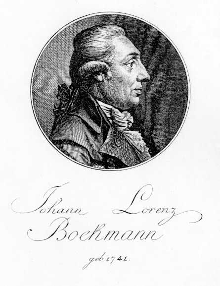 Schwarz-weiße Linienzeichnung eines Mannes im Profil mit gepudertem Haar und klassischem Kragen in einem runden Rahmen, darunter die kalligraphische Schrift 'Johann Lorenz Bockmann geb. 1741'.
