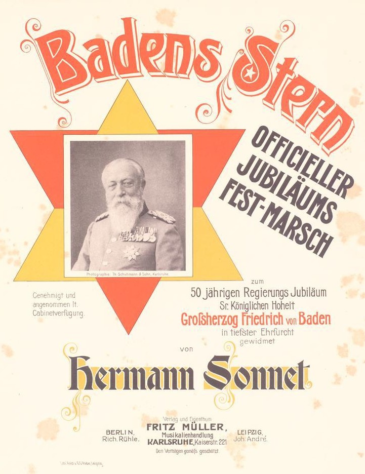 Das dekorativ gestaltete Titelblatt zeigt ein Foto des Großherzogs in einem Hexagramm aus zwei roten und gelben Dreiecken, also den badischen Landesfarben, darüber die Überschrift "Baden Stern" in roter Farbe.