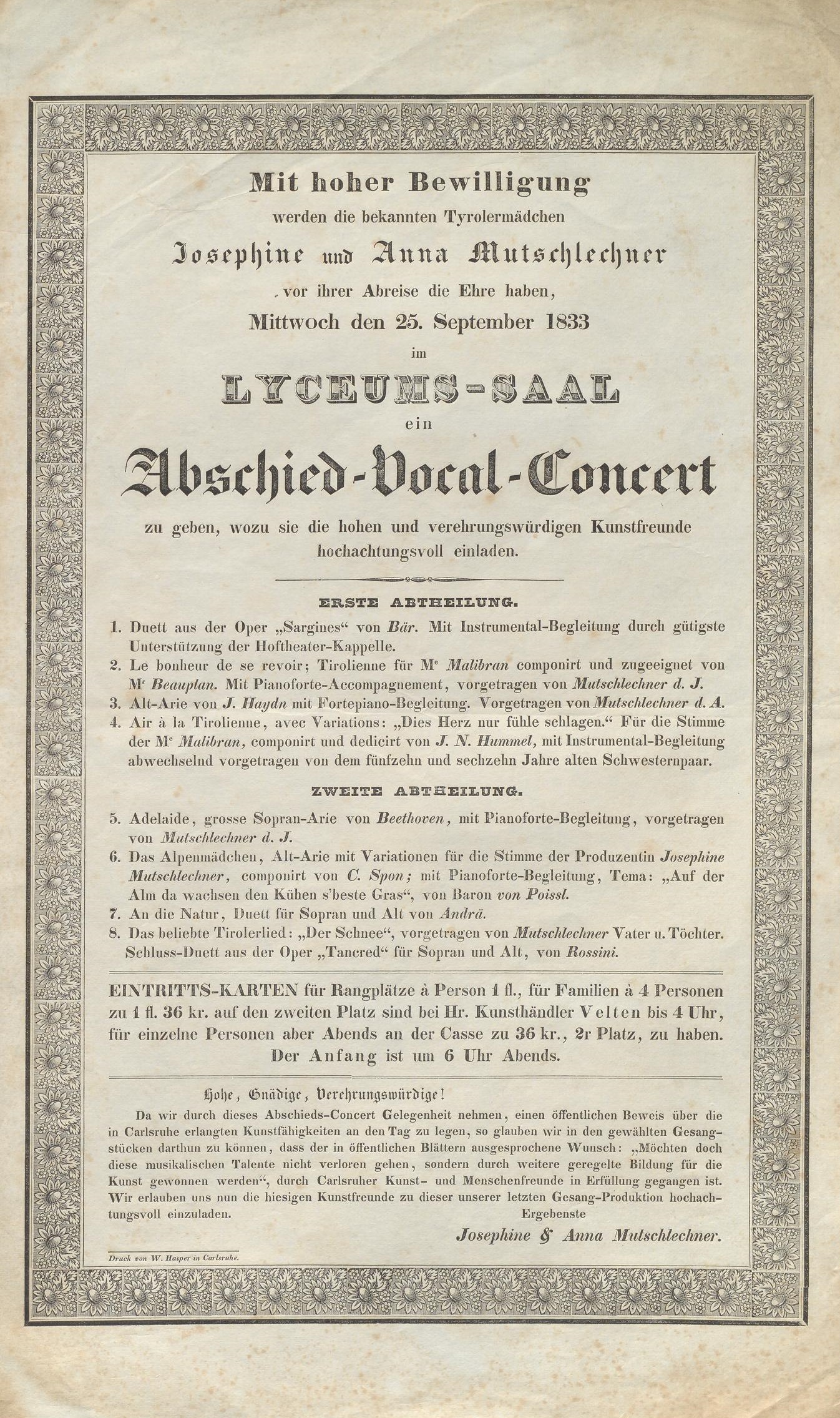 Der in Fraktur gedruckte Zettel nennt das Programm, die Uhrzeit und die Eintrittspreise für das Konzert.