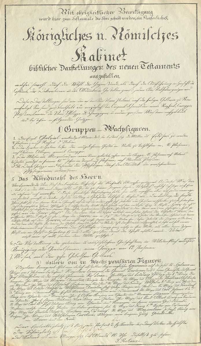 Anschlagzettel für das Wachsfigurenkabinett des Tessiner Schaustellers Rotanzi, ohne Ort und Jahr (121 C 37 R) Der Zettel in deutscher Schreibschrift beschreibt genau, welche Wachsfiguren alle zu sehen sind, nennt Öffnungszeiten und Eintrittspreise.