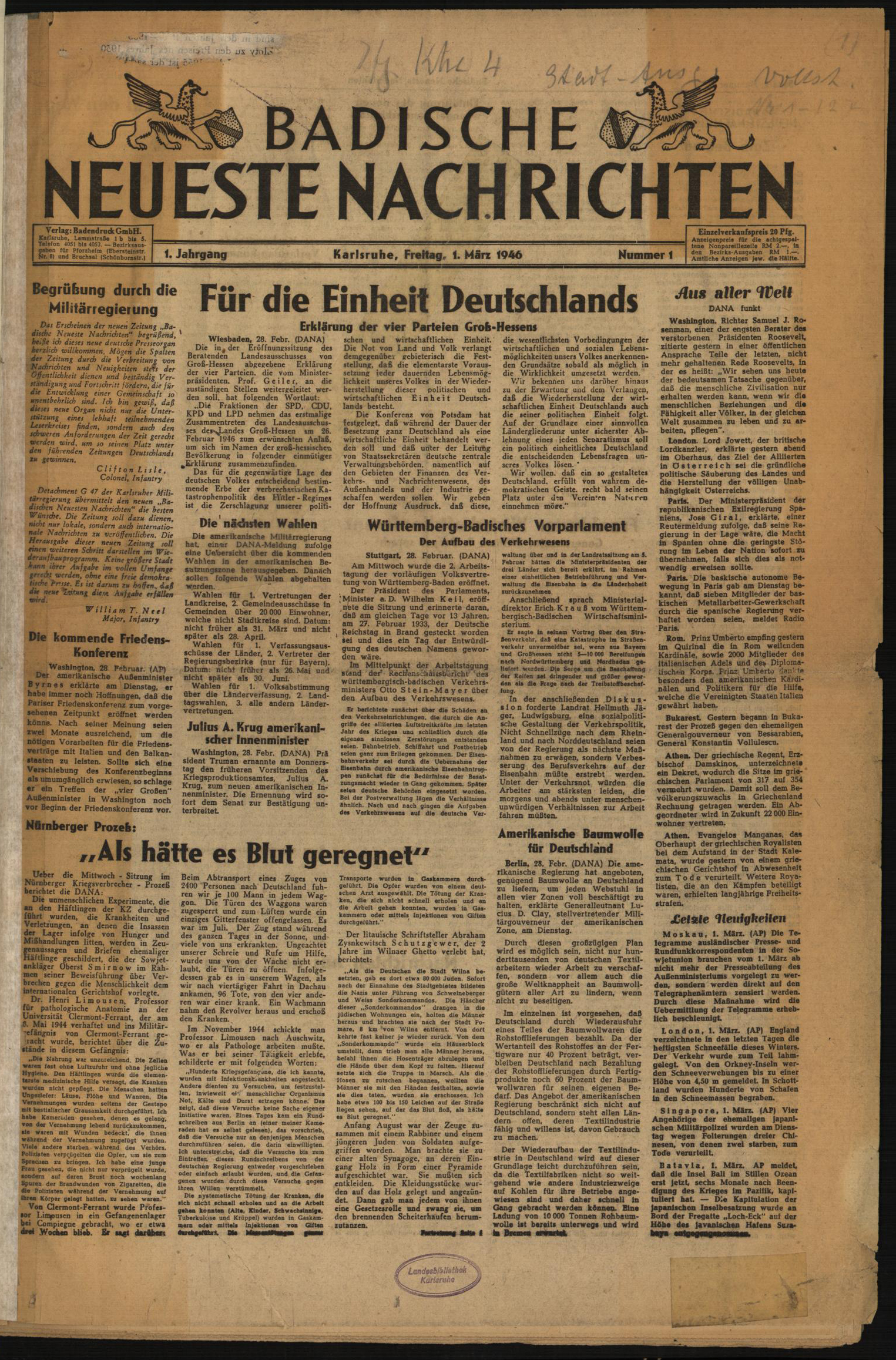 Titelblatt der ersten BNN-Ausgabe von 1946.