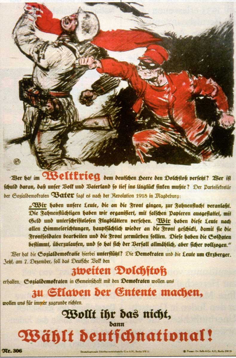 Ein Wahlplakat der Deutschnationalen Volkspartei (DNVP) nutzt die Dolchstoßlegende 1924 als Motiv.
