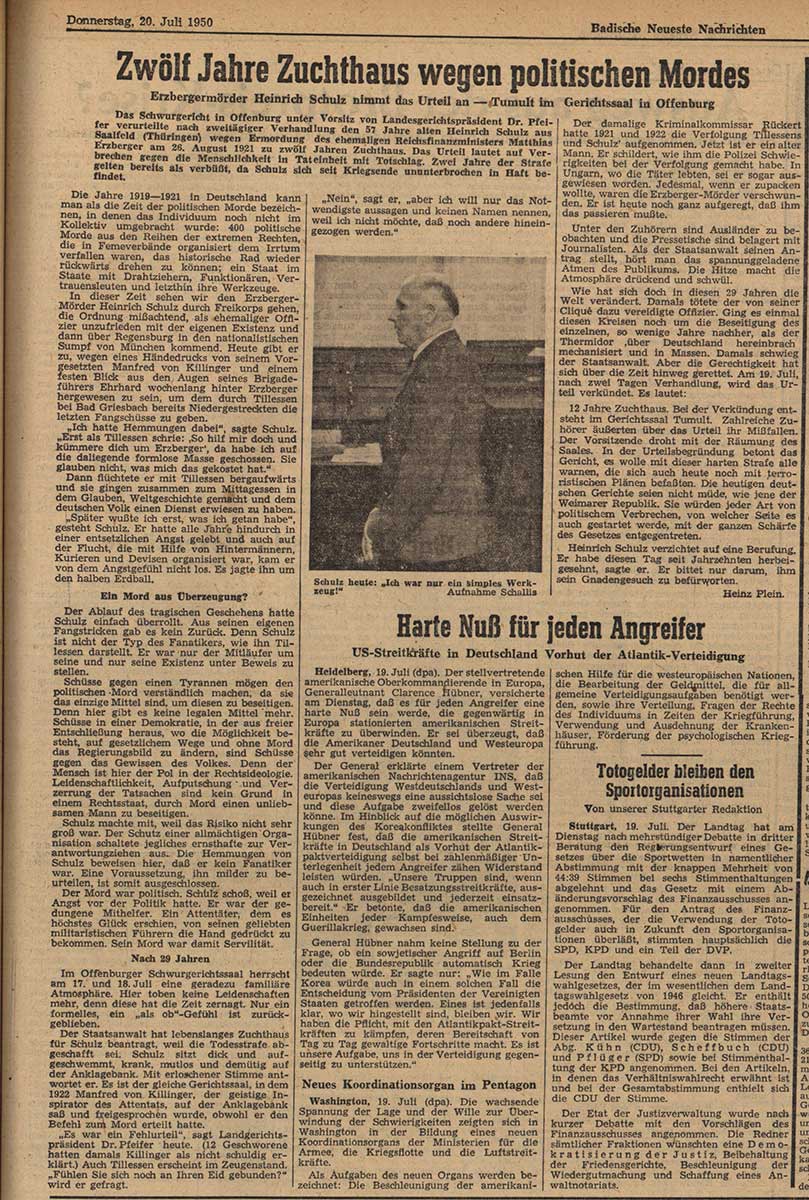 Ein Artikel der BNN aus dem Jahr 1950 befasst sich mit einem Gerichtsurteil im Fall Erzberger.