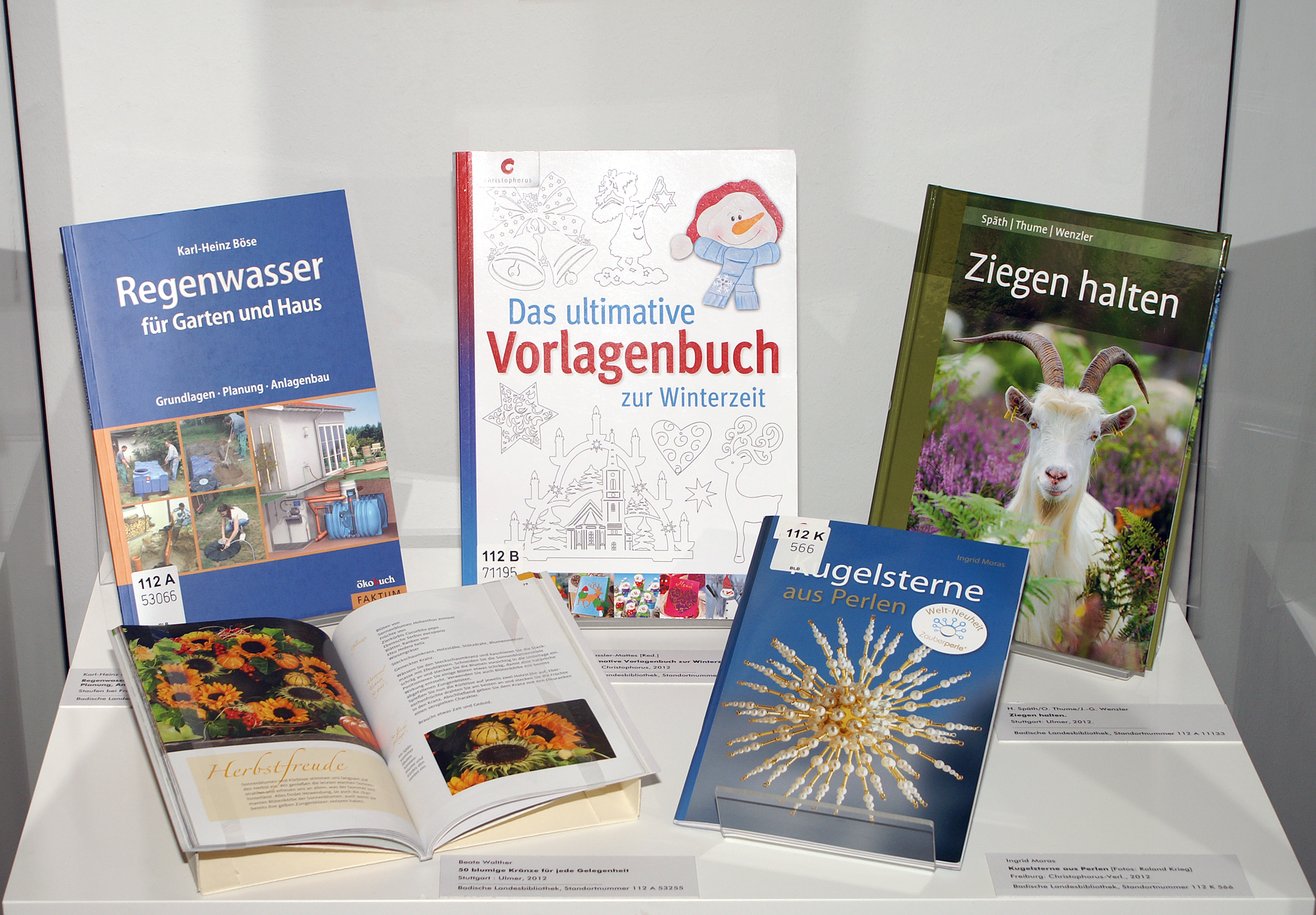 Ausgestellt sind fünf Bücher rund um verschiedene Hobbys und Freizeitaktivitäten.