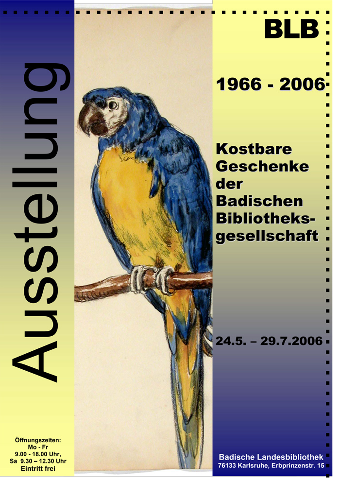 Zu sehen ist ein blau-gelber Papagei. Dazu Textinformationen zur Ausstellung. 