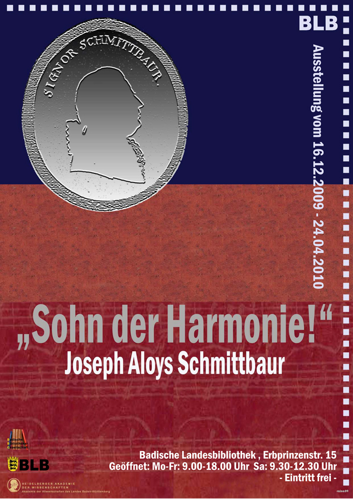 Zu sehen ist eine Münze mit dem Konterfei von Josepha Aloys Schmittbaur auf blau-rotem Hintergrund. Im unteren Bereich des Plakates werden Notenlinien von Textinformationen zur Ausstellung überlagert.