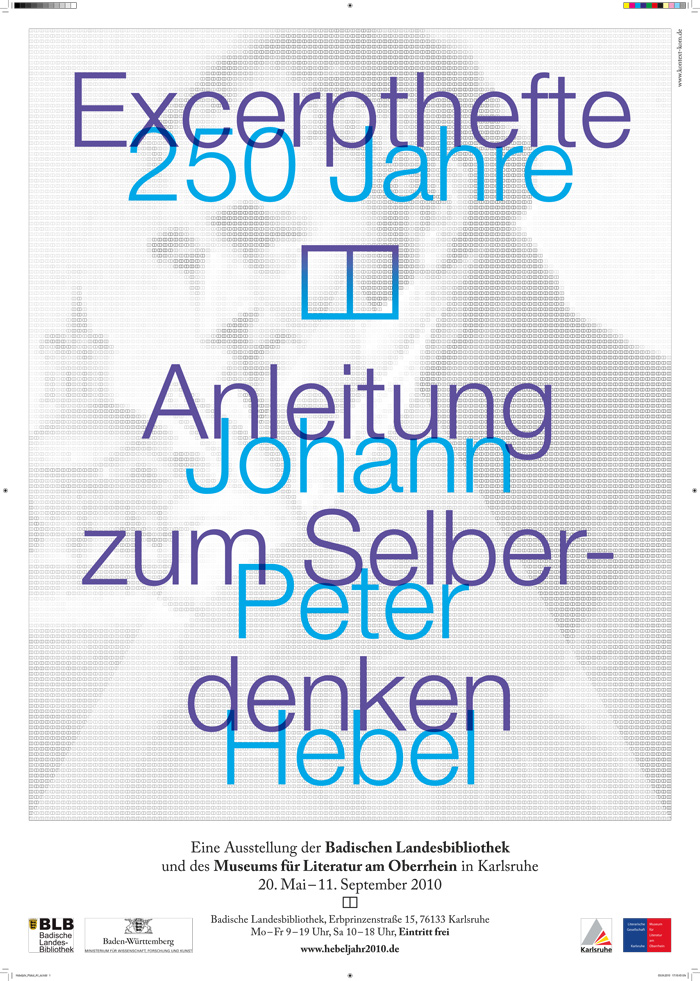Das Plakat setzt sich aus einem Portrait von Johan Peter Hebel im Hintergrund und überlagernder Schrift in Violett und Blau zusammen.   