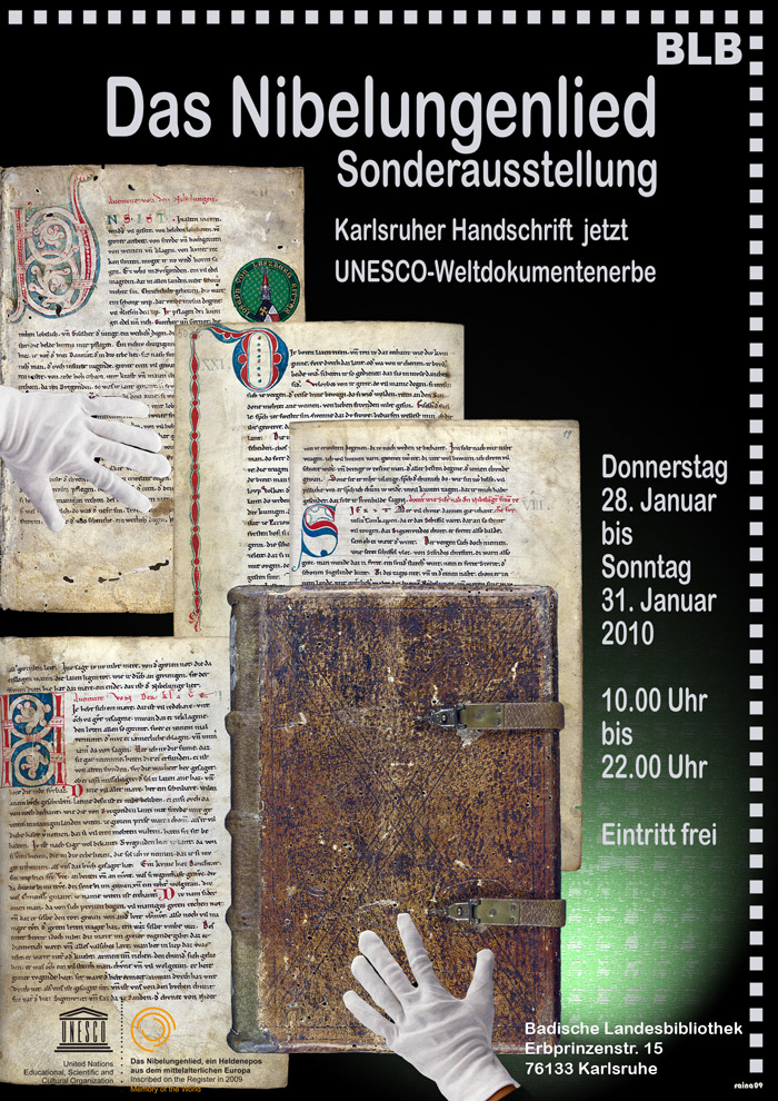Zu sehen ist eine Kollage aus mehreren Buchseiten des Nibelungenlieds, wie auch der Bucheinband. Weiterhin Textinformationen zur Ausstellung. 