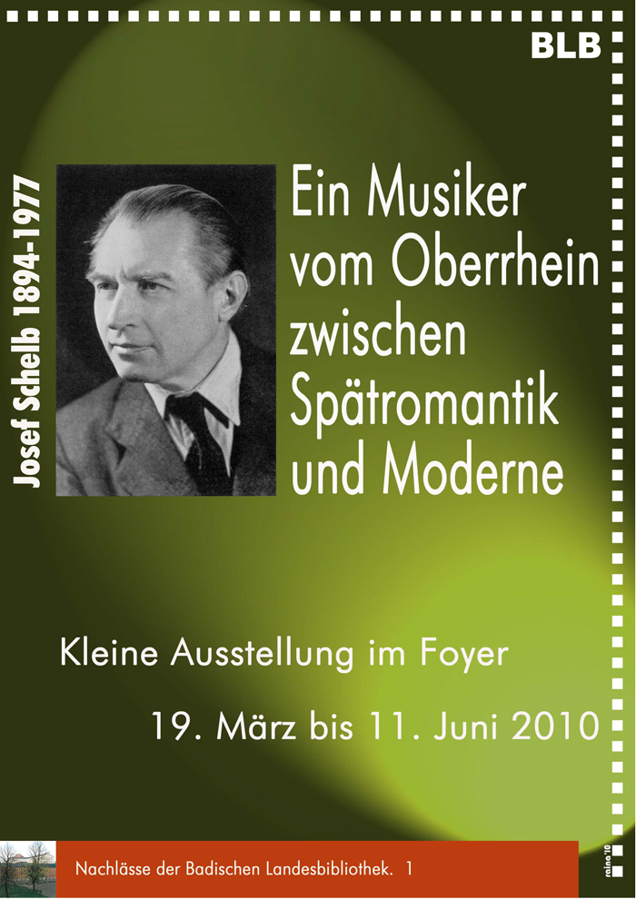 Zu sehen ist ein Schwarz-Weiß-Portrait von Josef Schelb auf grünem Grund. Dazu Textinformationen zur Ausstellung. 