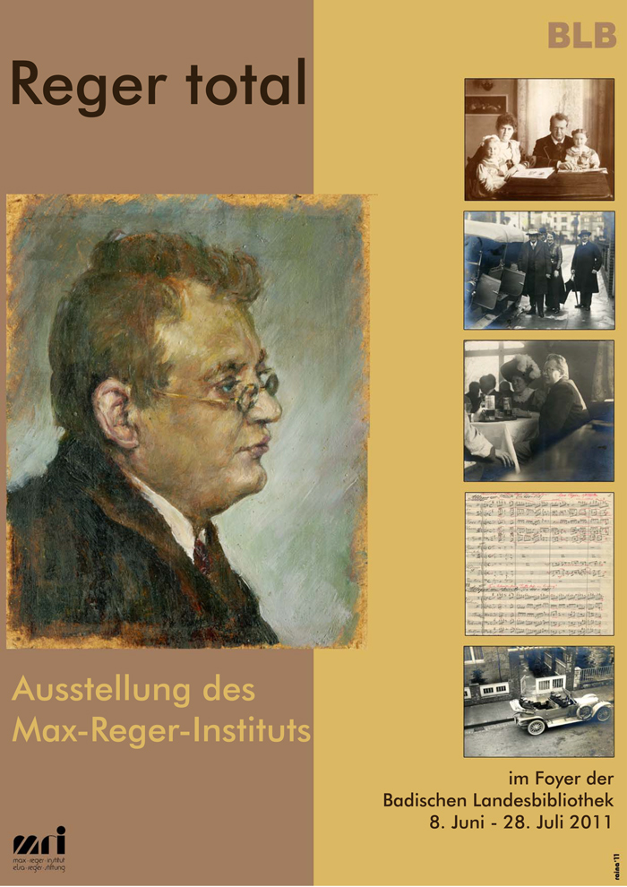 Zu sehen ist eine Kollage aus Fotos rund um Max Reger. Weiterhin ist auch ein gemaltes Portrait Regers zu sehen. Ergänzt werden die Bildmotive durch Textinformationen zur Ausstellung. 