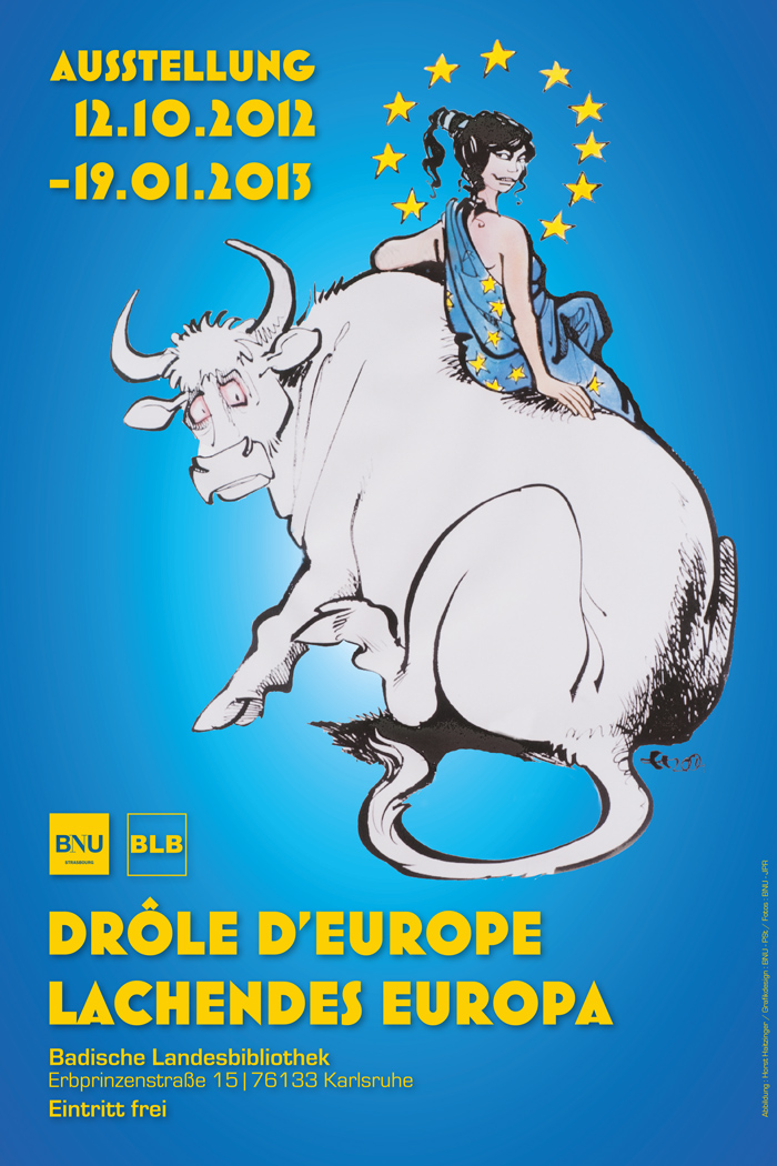 Das Plakat zeigt eine satirische Darstellung des Frankfurter Bullen, auf dem eine lächelnde Europa sitzt. Sie ist gekleidet in ein Blaues Tuch mit den Sternen Europas und Ihr Haupt umgibt ein Heiligenschein aus eben jenen Sternen. 