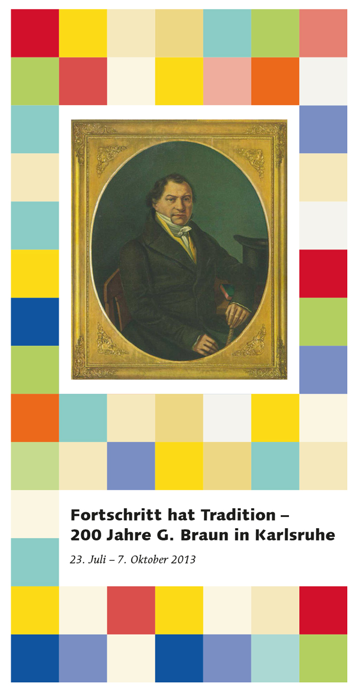 Das Plakat ist eine Collage aus zahlreichen farbigen Quadraten. Die Farben reichen dabei von Sandtönen, über Rot, Gelb, Grün, bis hin zu Blau. Sie umranden ein mittig platziertes Herrenportrait in kunstvollem Goldrahmen. 