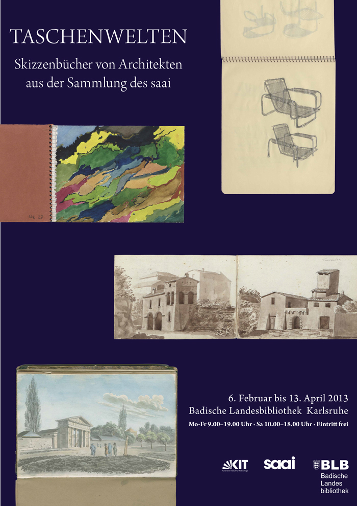 Das Plakat zeigt mehrere Bildmotive. Zeichnungen von Stühlen, von Architekturen und eine Landschaftsmalerei. Ergänzt werden die Bildmotive durch Textinformationen zur Ausstellung. 
