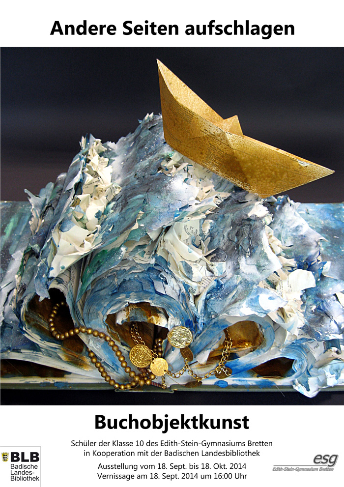 © Badische Landesbibliothek Karlsruhe Zu sehen ist ein Papierkunstwerk. Ein goldenes papierschiff schwimmt auf Wellen aus Papierschnipseln unter denen sich Goldschmuck verbirgt.