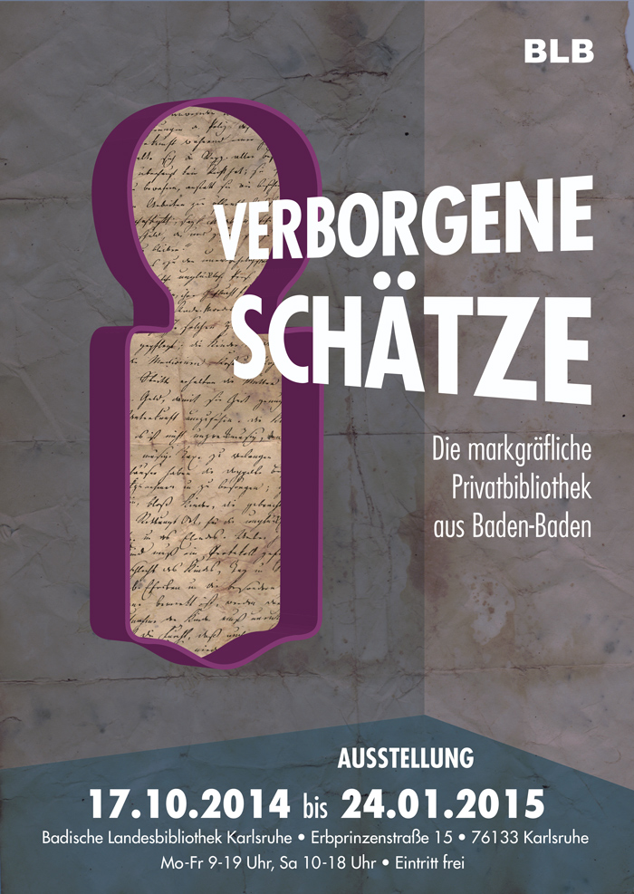 Das Plakat zeigt eine komponierte Szenerie aus einem von mehreren Farben überlagerten Hintergrund aus altem Papier, einer Art Schlüsselloch hinter dem sich ein historischer Text identifizieren lässt und Angaben zur Ausstellung selbst. 