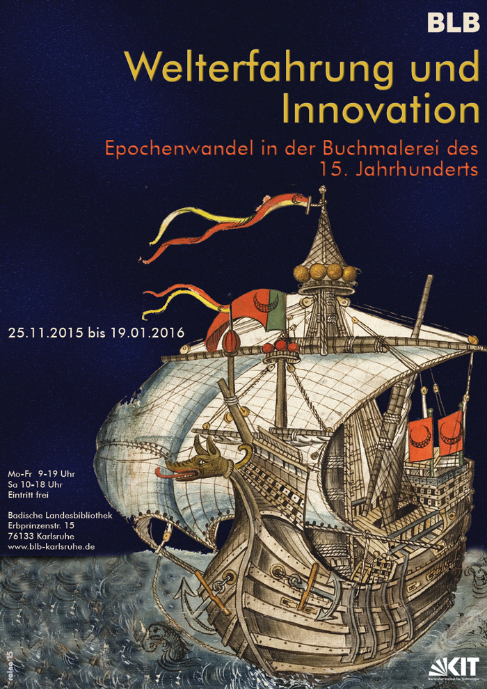 Das Plakat zeigt ein historisches Segelschiff auf dem Meer. Weiterhin sind Informationen zur Laufzeit der Ausstellung zu sehen. 