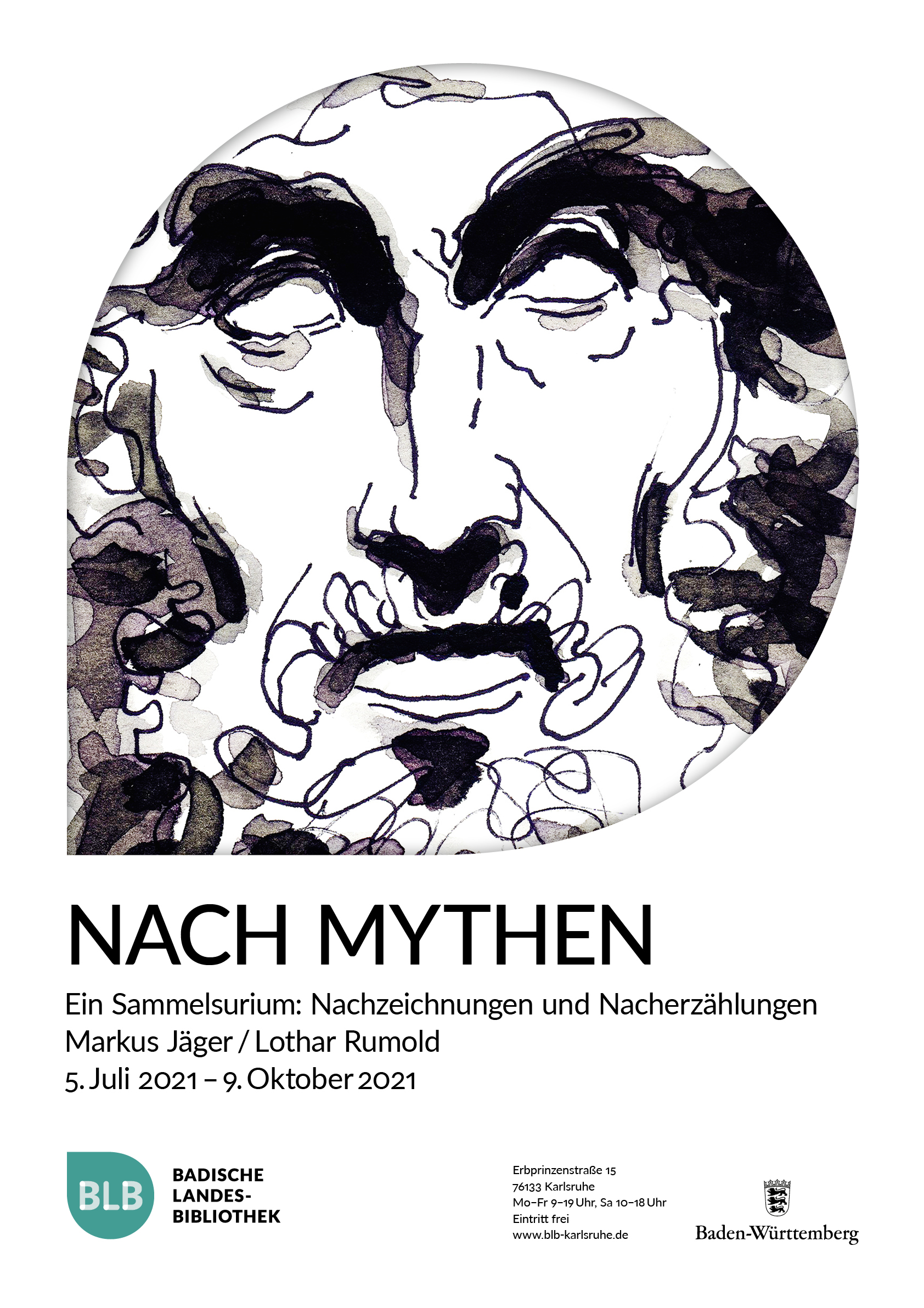 Zu sehen ist das Plakat der Ausstellung nach Mythen. Es zeigt eine griechische Mythengestalt und den zugehörigen Text. 